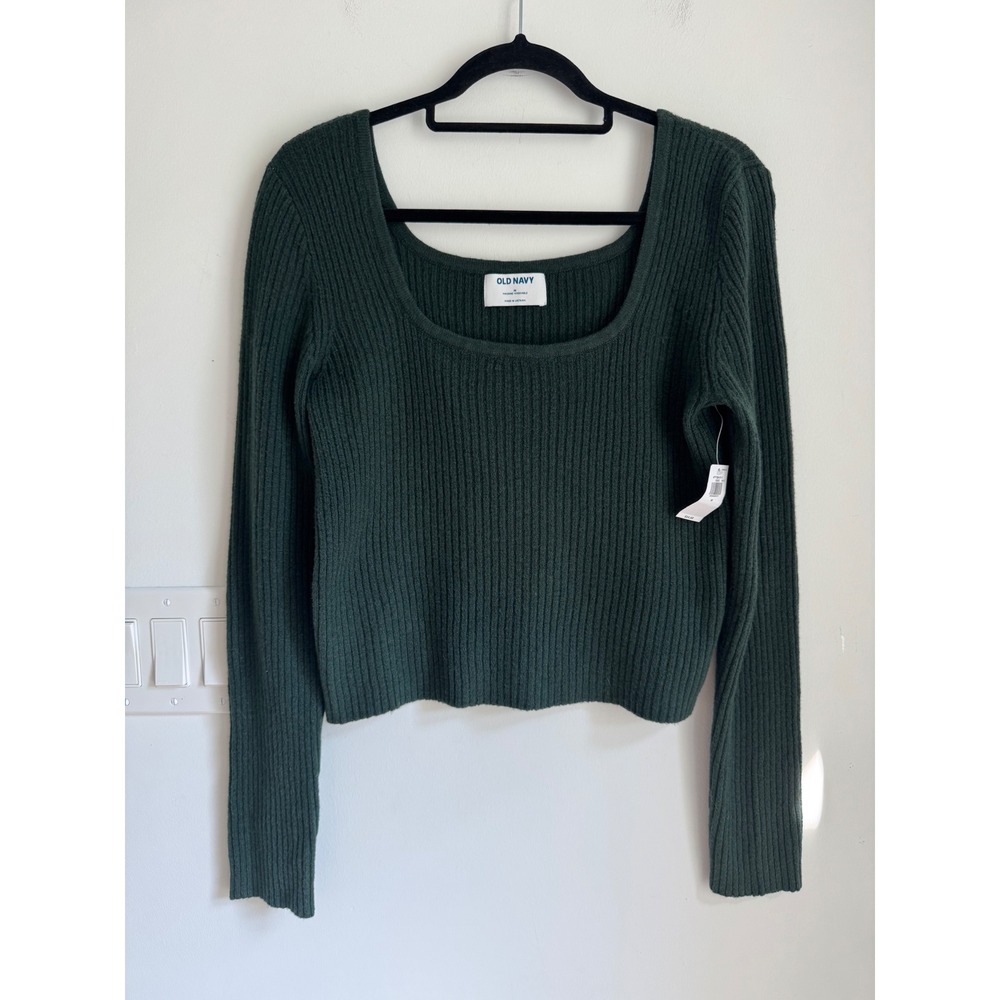 Old Navy Womens Cozy Party Ribbed Square Neck Sweater Dark Bottle Green M NEW